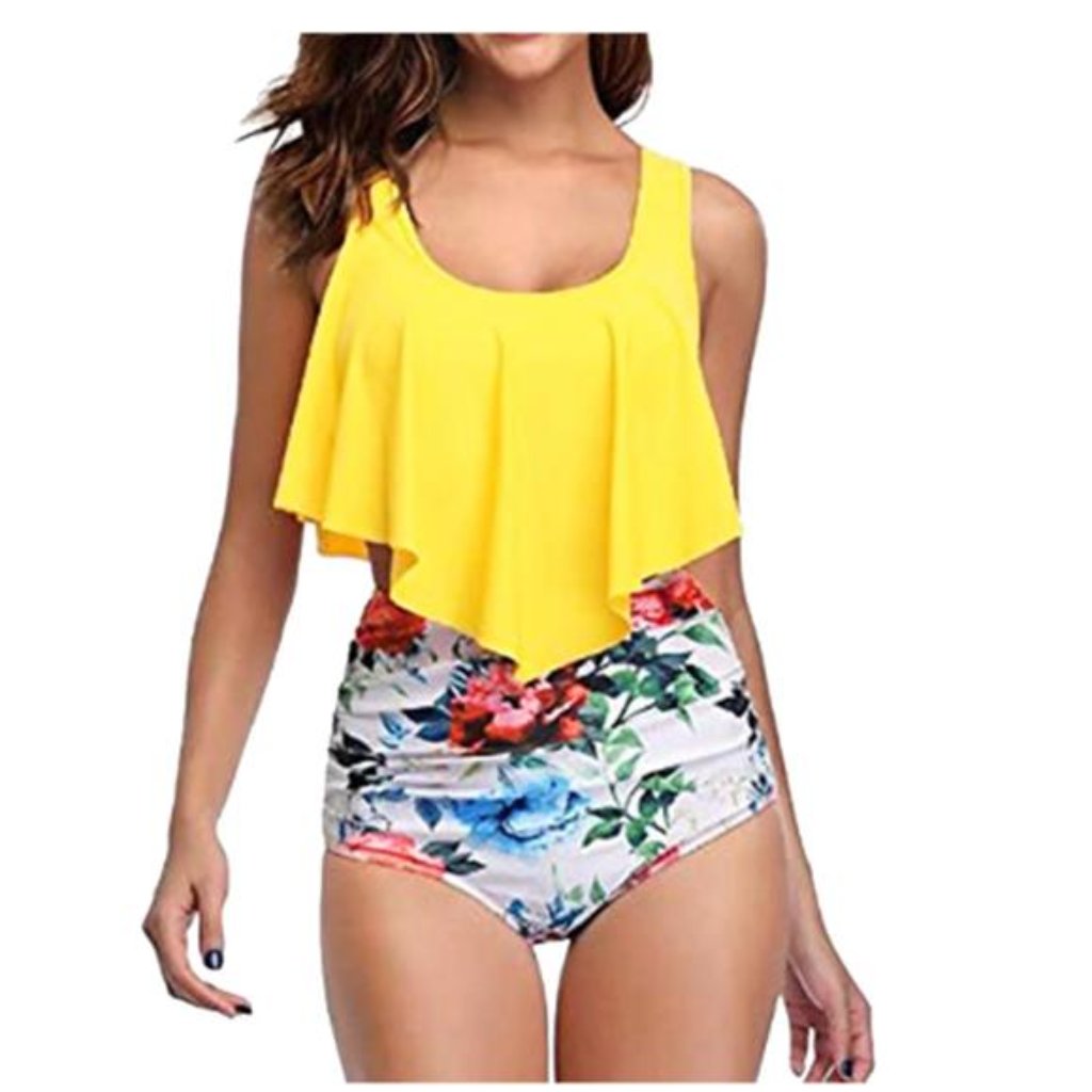 New Marinavida 2 Piece Bikini Ruffle Top Floral High Waisted Bottoms Women's L
